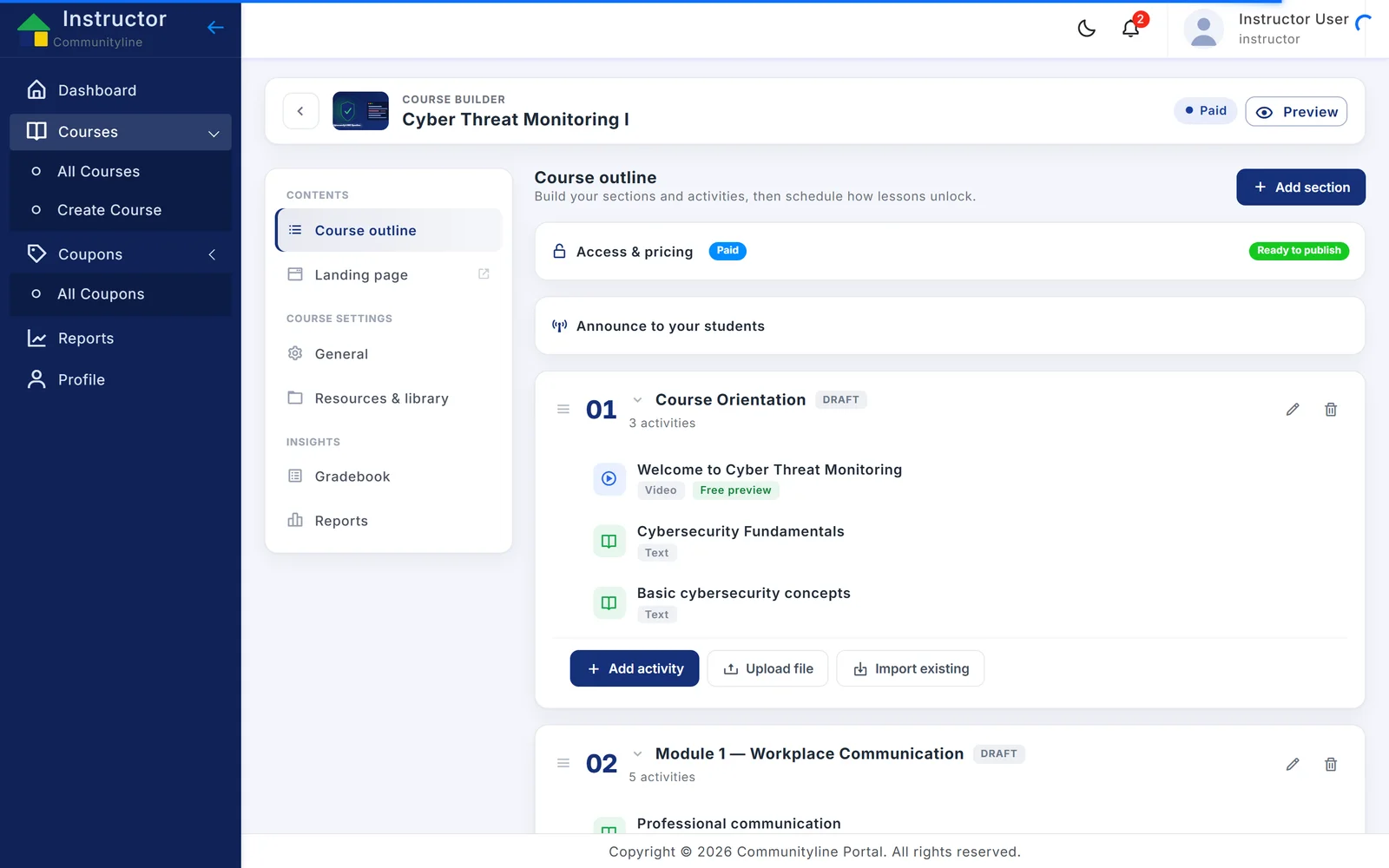Communityline Portal course builder showing a course outline with sections, activities, and a ready-to-publish state